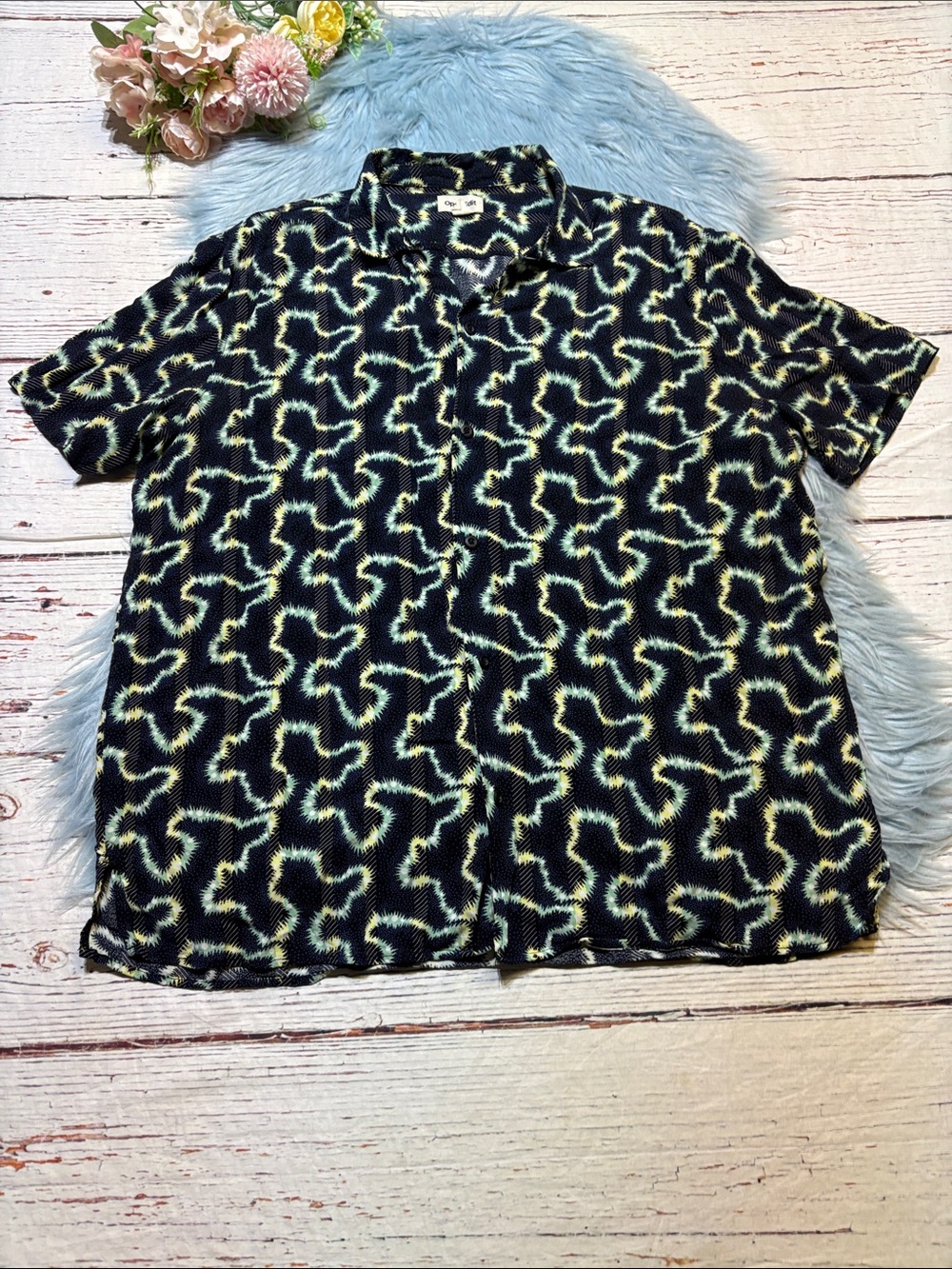 Open Edit Men's Patterned Short-Sleeve Shirt - Black & Cream sz L